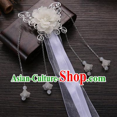 Handmade Asian Chinese Classical Hair Accessories White Ribbon Butterfly Hairpins Hanfu Hair Stick for Women
