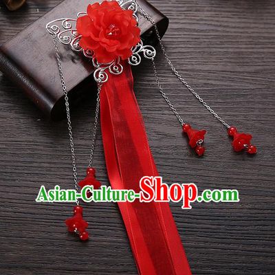 Handmade Asian Chinese Classical Hair Accessories Red Ribbon Butterfly Hairpins Hanfu Hair Stick for Women