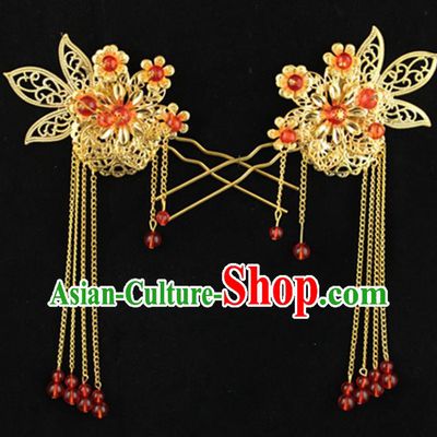 Asian Chinese Handmade Palace Lady Classical Hair Accessories Red Beads Tassel Hairpins for Women
