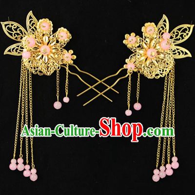 Asian Chinese Handmade Palace Lady Classical Hair Accessories Pink Beads Tassel Hairpins for Women