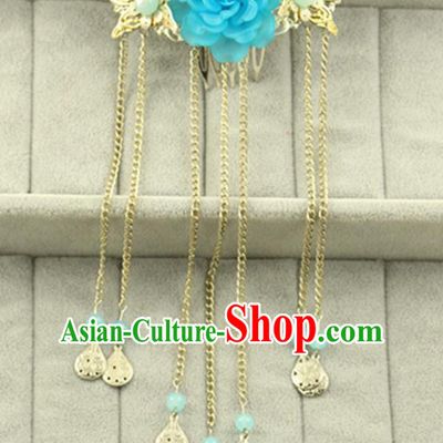 Asian Chinese Handmade Classical Hair Accessories Princess Blue Flowers Hairpins Butterfly Hair Claw for Women