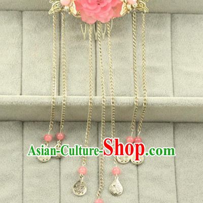 Asian Chinese Handmade Classical Hair Accessories Princess Pink Flowers Hairpins Butterfly Hair Comb for Women