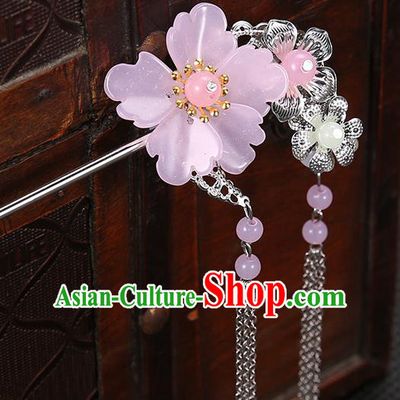 Handmade Asian Chinese Classical Hair Accessories Pink Flower Hairpins Hanfu Tassel Step Shake for Women