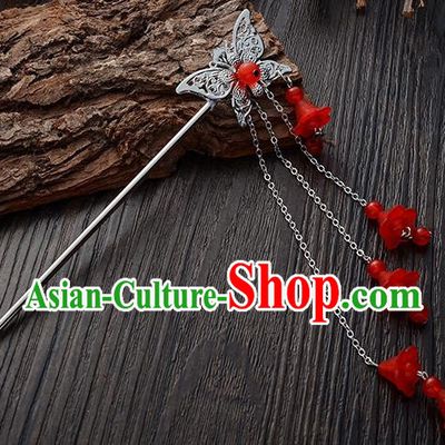 Handmade Asian Chinese Classical Hair Accessories Butterfly Hairpins Hanfu Red Tassel Step Shake for Women