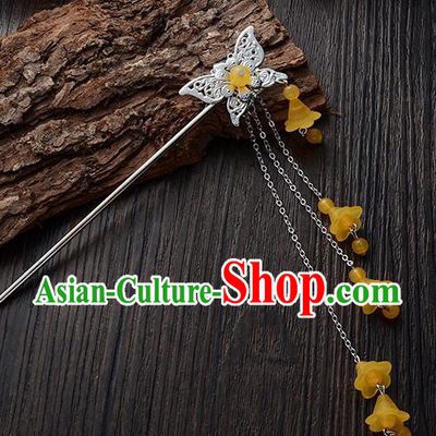 Handmade Asian Chinese Classical Hair Accessories Butterfly Hairpins Hanfu Yellow Tassel Step Shake for Women