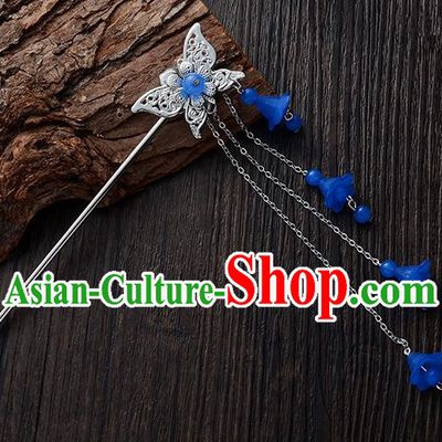 Handmade Asian Chinese Classical Hair Accessories Butterfly Hairpins Hanfu Deep Blue Tassel Step Shake for Women