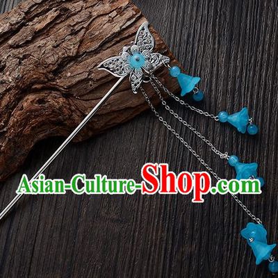 Handmade Asian Chinese Classical Hair Accessories Butterfly Hairpins Hanfu Blue Tassel Step Shake for Women
