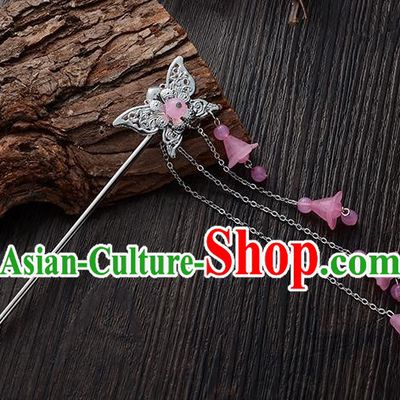 Handmade Asian Chinese Classical Hair Accessories Butterfly Hairpins Hanfu Pink Tassel Step Shake for Women