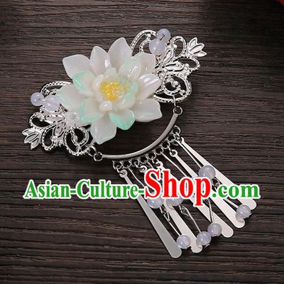 Asian Chinese Handmade Classical Hair Accessories White Flower Tassel Hair Comb Hairpins for Women