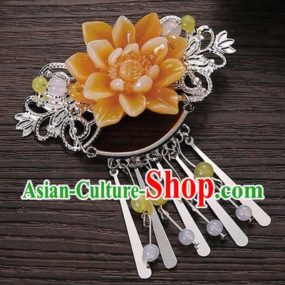 Asian Chinese Handmade Classical Hair Accessories Yellow Flower Tassel Hair Comb Hairpins for Women