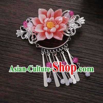 Asian Chinese Handmade Classical Hair Accessories Pink Flower Tassel Hair Comb Hairpins for Women