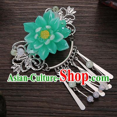 Asian Chinese Handmade Classical Hair Accessories Green Flower Tassel Hair Comb Hairpins for Women