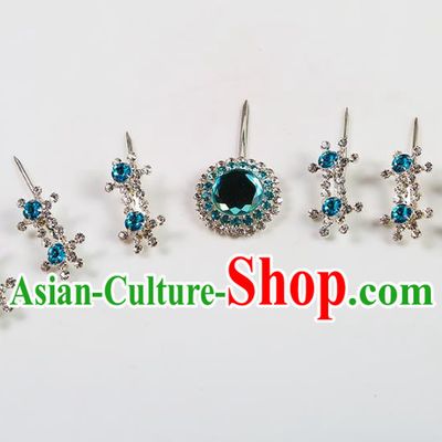 Chinese Beijing Opera Actress Hair Accessories Blue Crystal Hairpins, China Peking Opera Diva Headpiece