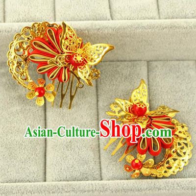 Asian Chinese Handmade Classical Hair Accessories Princess Hairpins Red Butterfly Hair Comb for Women