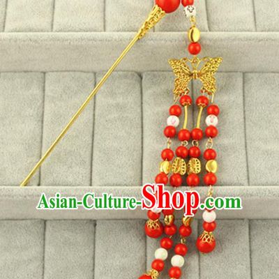 Asian Chinese Handmade Classical Hair Accessories Bride Red Step Shake Hanfu Hairpins for Women