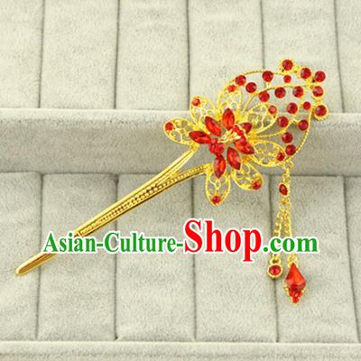 Asian Chinese Handmade Classical Hair Accessories Bride Red Crystal Hanfu Hairpins for Women
