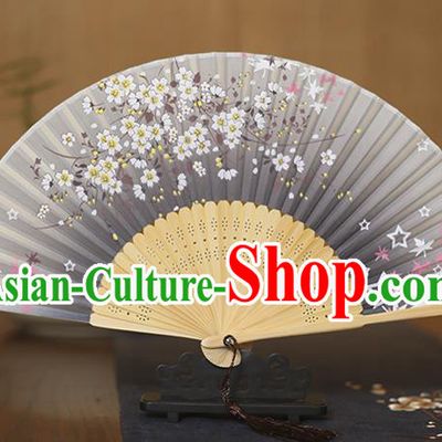 Traditional Chinese Crafts Printing Flowers Grey Folding Fan, China Sensu Paper Fans for Women