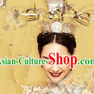 Asian Chinese Ancient Handmade Classical Hair Accessories Hairpins Exaggerated Phoenix Coronet Complete Set for Women