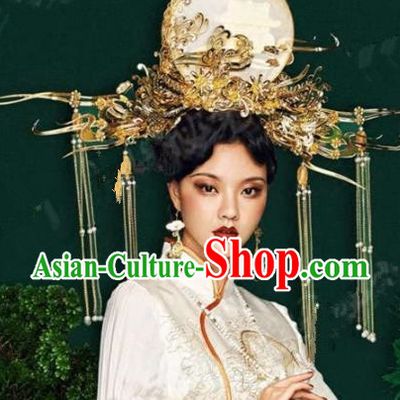 Asian Chinese Ancient Handmade Classical Hair Accessories Hairpins Headdress Exaggerated Phoenix Coronet Complete Set for Women