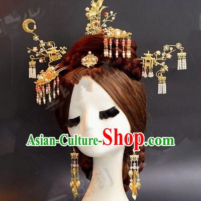 Asian Chinese Ancient Handmade Classical Hair Accessories Hairpins Xiuhe Suit Headdress Complete Set for Women