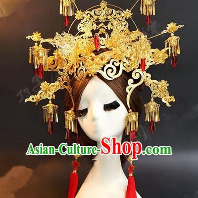 Asian Chinese Ancient Handmade Classical Hair Accessories Hairpins Xiuhe Suit Golden Phoenix Coronet for Women