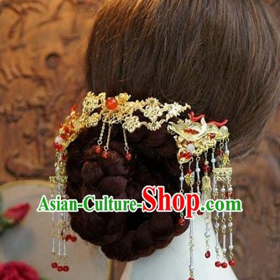 Asian Chinese Ancient Handmade Classical Hair Accessories Hairpins Tassel Step Shake Xiuhe Suit Headdress for Women