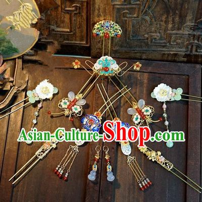 Chinese Ancient Handmade Classical Hair Accessories Blueing Hairpins Bride Headdress for Women