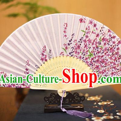 Traditional Chinese Crafts Printing Flowers Lilac Folding Fan, China Sensu Paper Fans for Women