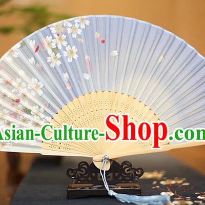 Traditional Chinese Crafts Printing Flowers Blue Folding Fan, China Sensu Paper Fans for Women