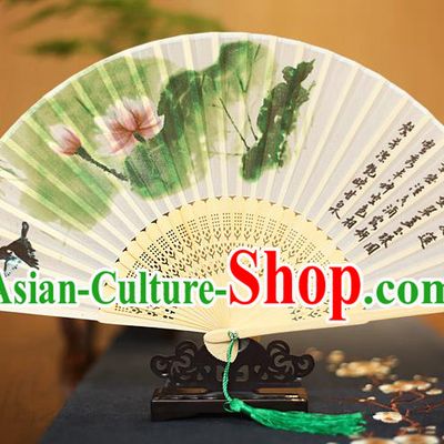 Traditional Chinese Crafts Printing Lotus White Folding Fan, China Sensu Paper Fans for Women