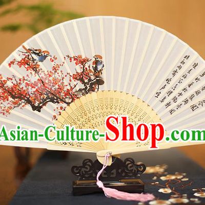 Traditional Chinese Crafts Printing Plum Blossom White Folding Fan, China Sensu Paper Fans for Women