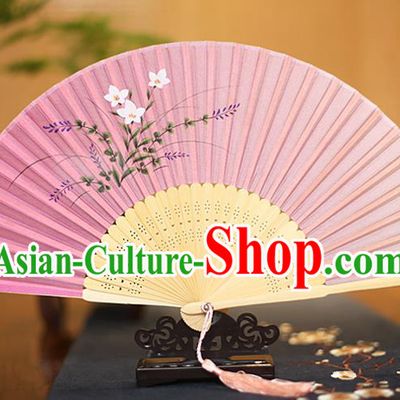 Traditional Chinese Crafts Printing Orchid Pink Folding Fan, China Sensu Paper Fans for Women