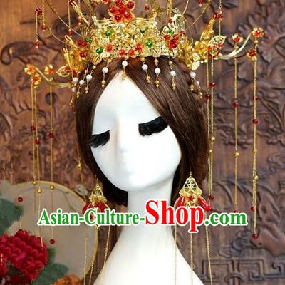 Chinese Ancient Handmade Classical Wedding Hair Accessories Xiuhe Suit Phoenix Coronet Hairpins Complete Set for Women