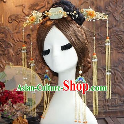 Chinese Handmade Classical Hair Accessories Ancient Palace Lady Jade Hairpins Complete Set for Women