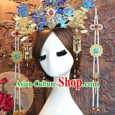 Chinese Handmade Classical Hair Accessories Ancient Ming Dynasty Palace Lady Hairpins Blueing Phoenix Coronet for Women