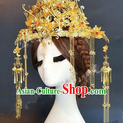 Chinese Handmade Classical Hair Accessories Ancient Hairpins Bride Golden Tassel Phoenix Coronet for Women