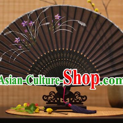 Traditional Chinese Crafts Printing Orchid Black Folding Fan, China Sensu Paper Fans for Women