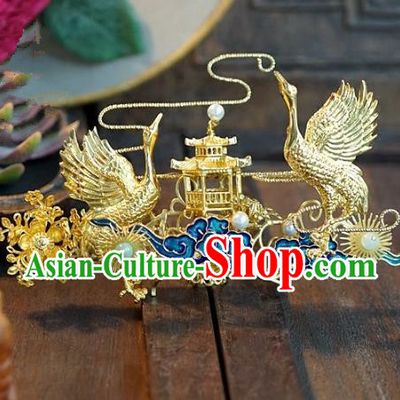 Chinese Ancient Handmade Classical Wedding Hair Accessories Xiuhe Suit Crane Hairpins for Women