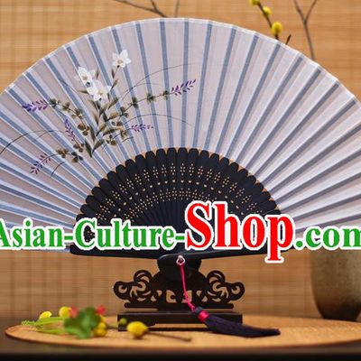 Traditional Chinese Crafts Printing Orchid Blue Folding Fan, China Sensu Paper Fans for Women