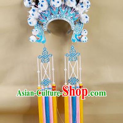 Chinese Beijing Opera Warriors White Venonat Headpiece, China Peking Opera Blues Helmet