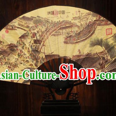 Traditional Chinese Crafts Printing Riverside Scene at Qingming Festival Folding Fan, China Sculpture Framework Silk Fans for Men