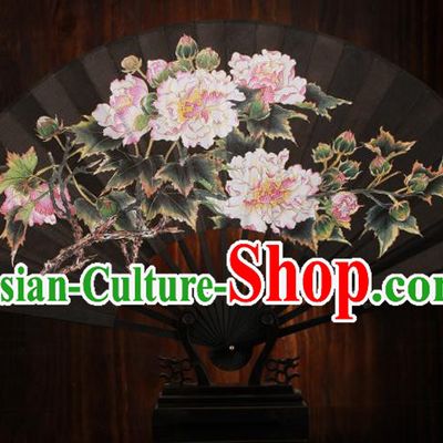 Traditional Chinese Crafts Printing Peony Black Folding Fan, China Sculpture Framework Silk Fans for Men