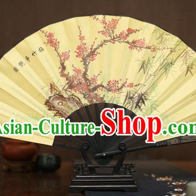 Traditional Chinese Crafts Printing Plum and Bamboo Folding Fan, China Sculpture Framework Silk Fans for Men