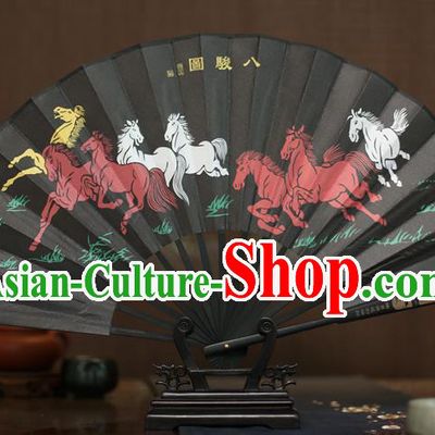 Traditional Chinese Crafts Printing Eight Horses Folding Fan, China Sculpture Framework Silk Fans for Men