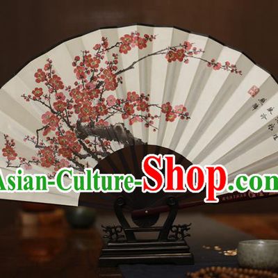 Traditional Chinese Crafts Printing Plum Blossom White Folding Fan, China Sculpture Framework Silk Fans for Men