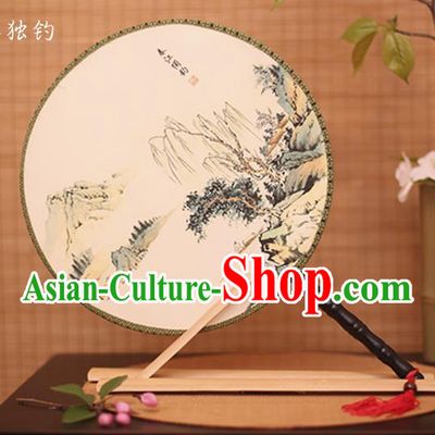 Traditional Chinese Crafts Printing Riverside Fishing White Round Fan, China Palace Fans Princess Silk Circular Fans for Women