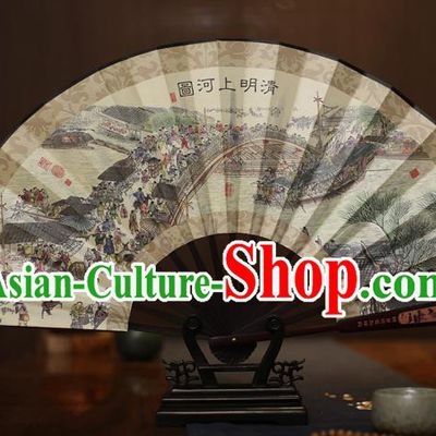 Traditional Chinese Crafts Printing Riverside Scene at Qingming Festival White Folding Fan, China Sculpture Framework Silk Fans for Men