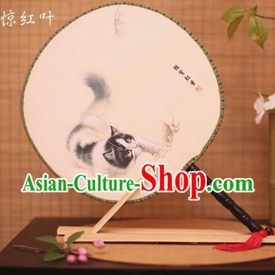 Traditional Chinese Crafts Printing Cat White Round Fan, China Palace Fans Princess Silk Circular Fans for Women