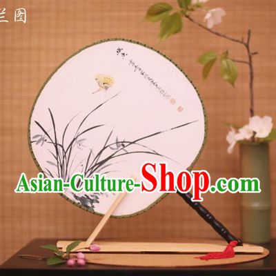 Traditional Chinese Crafts Printing Orchid White Round Fan, China Palace Fans Princess Silk Circular Fans for Women