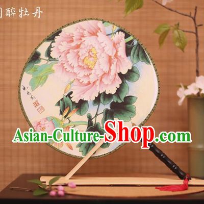 Traditional Chinese Crafts Printing Peony White Round Fan, China Palace Fans Princess Silk Circular Fans for Women